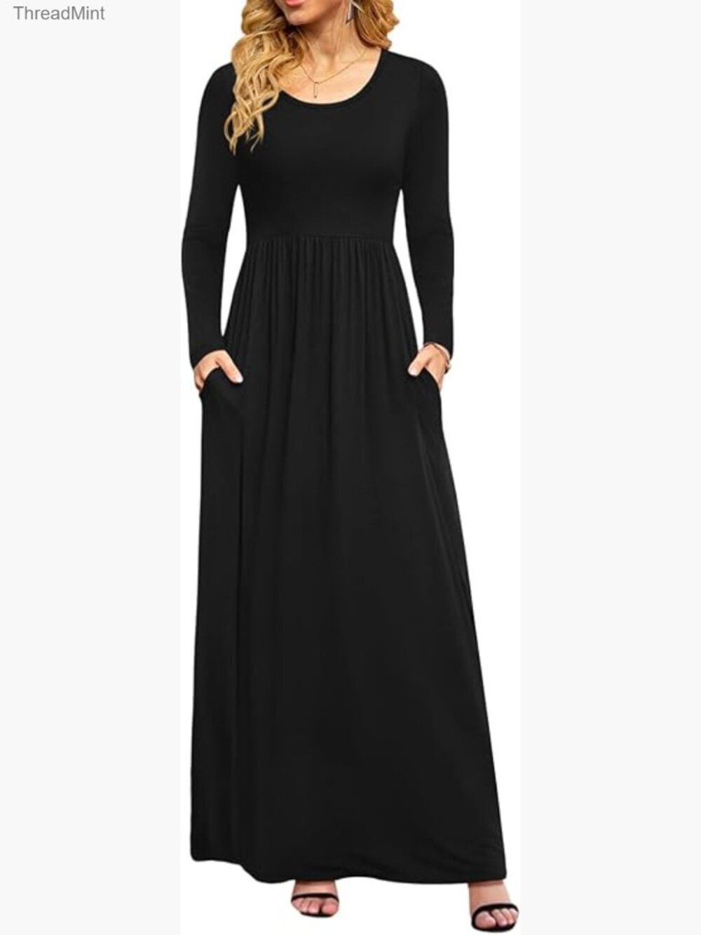 Long Sleeve Maxi Dress Empire Waist with Pockets Casual - Picture 1 of 6